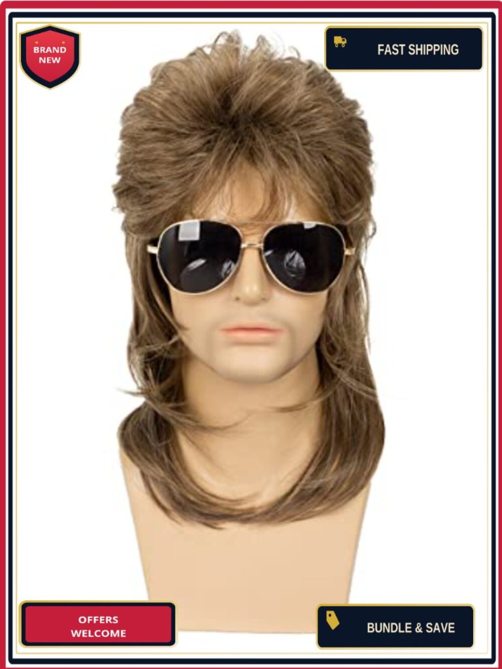Mens Mullet Wig 70s 80s Halloween Cosplay Costume Fancy Dress Synthetic